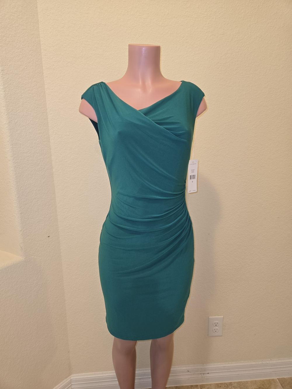 Lauren Ralph Lauren Teal Faux-Wrap Ruched Midi Dress